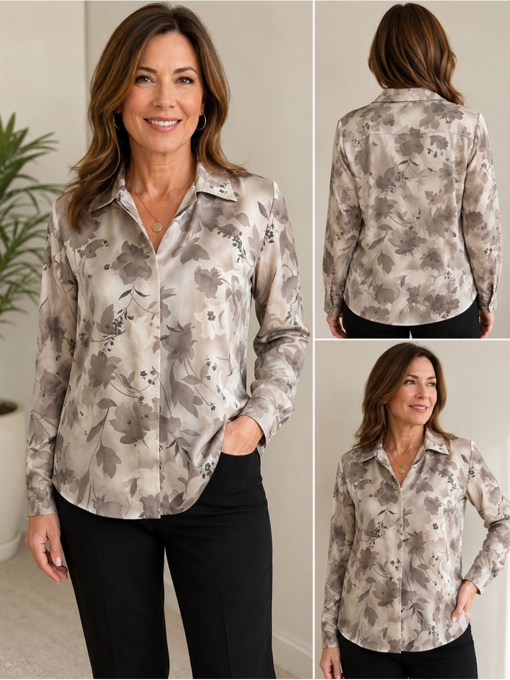 Josephine Chaus Taupe Floral Satin Button-Down Blouse